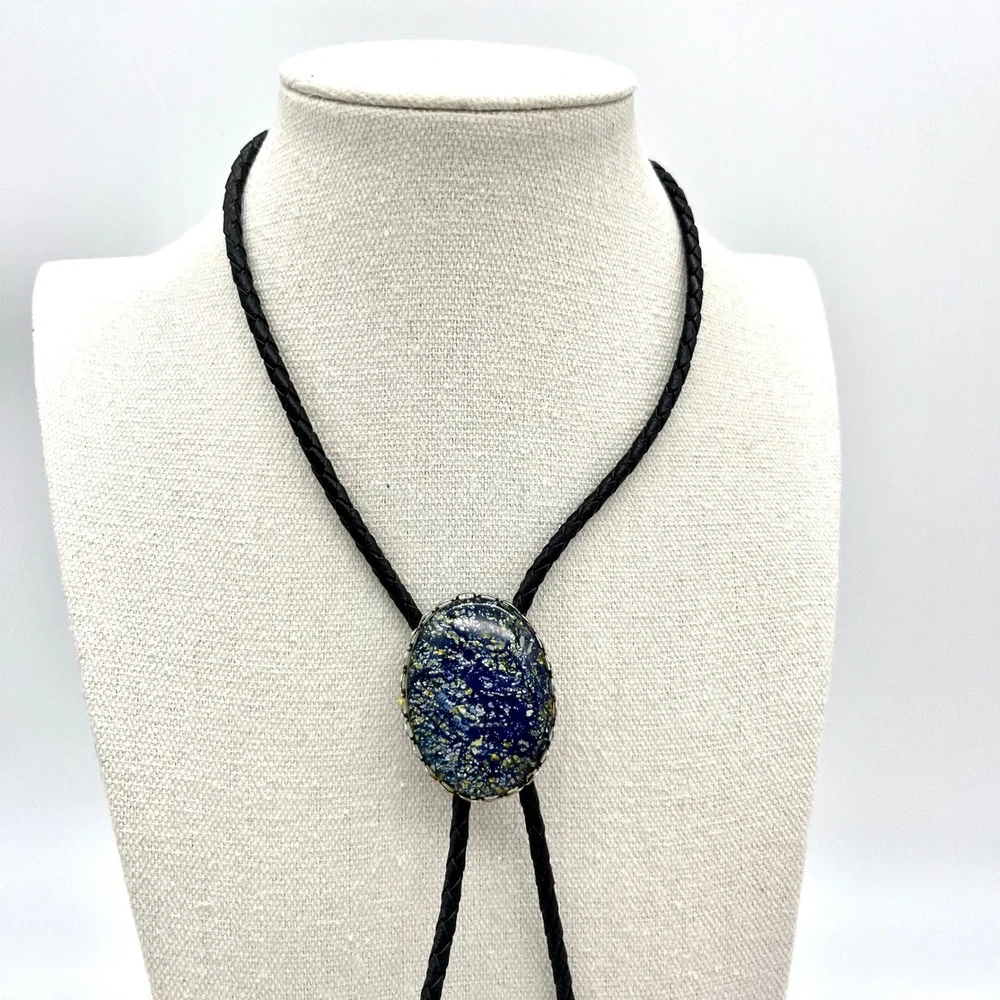 Bolo Tie Blue Gold Resin Stone Braided Leather Cord Western Cowboy Necklace‎